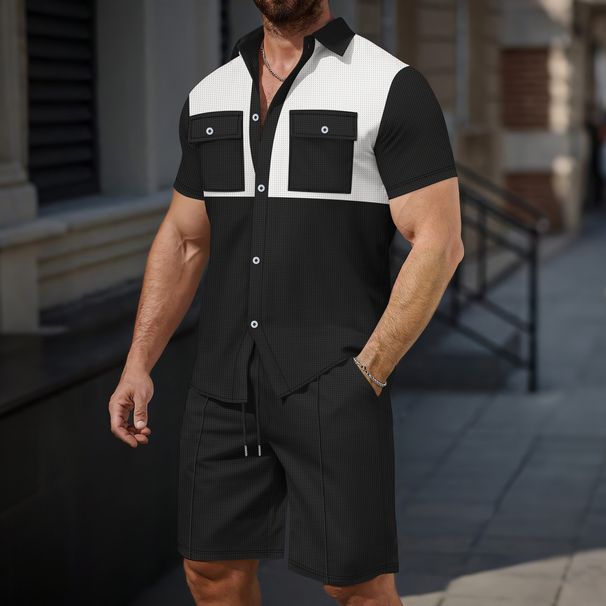 Men's New Chest Double Pocket Buttoned Color Matching Short Sleeved Cardigan Shirt Shorts Casual Suit_viptrois.com