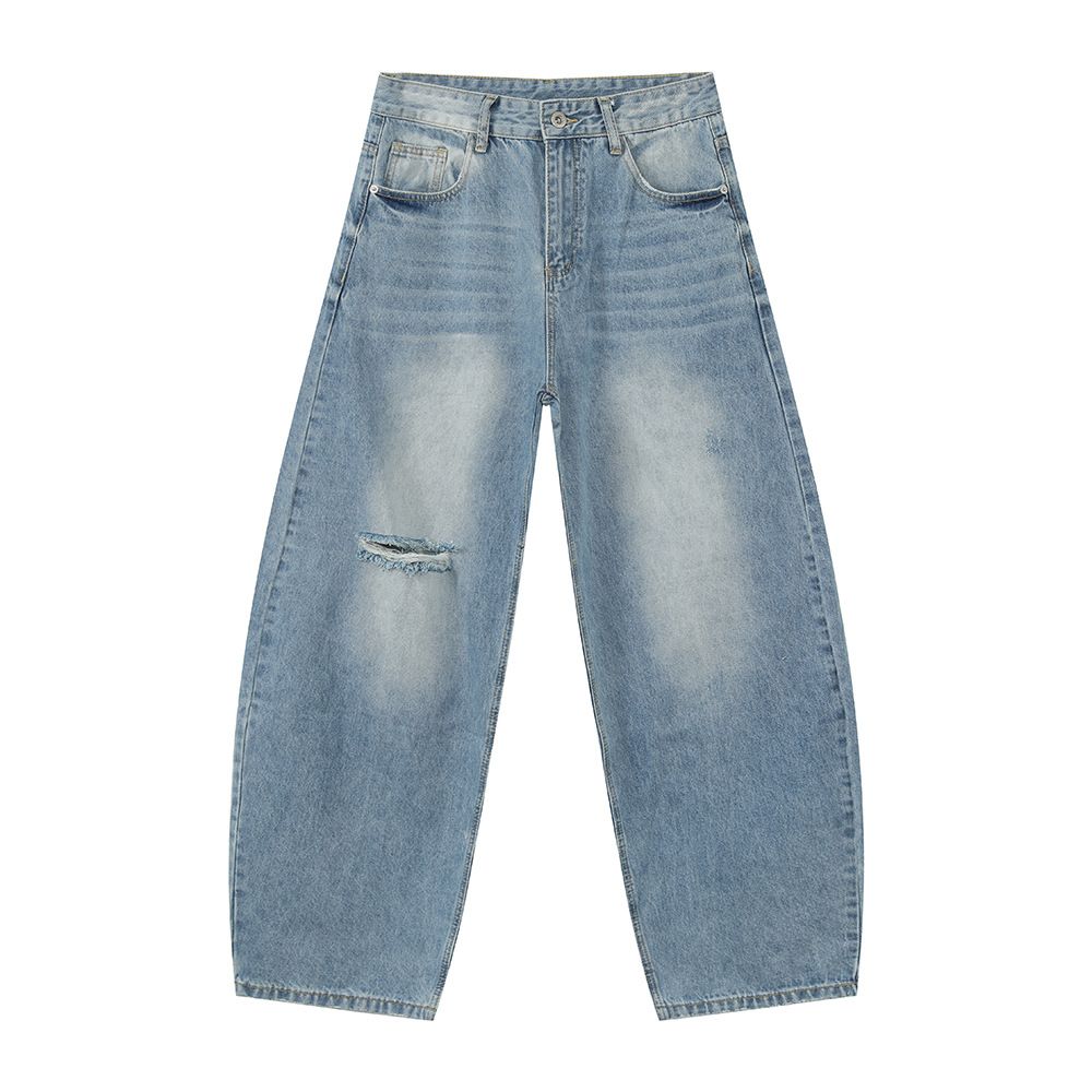 Men's Clothing Korean Style Distressed High Street Ripped Retro Whitened Fashion Loose Denim Scimitar Pants Trend_viptrois.com