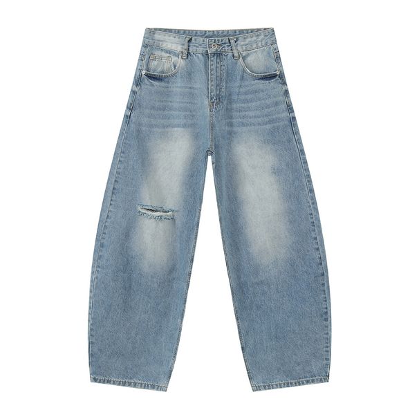 Men's Clothing Korean Style Distressed High Street Ripped Retro Whitened Fashion Loose Denim Scimitar Pants Trend_viptrois.com