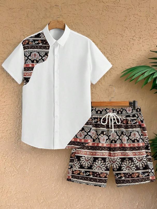 Men's Casual Loose Short Sleeved Shirt Shorts Hawaiian Suit_viptrois.com