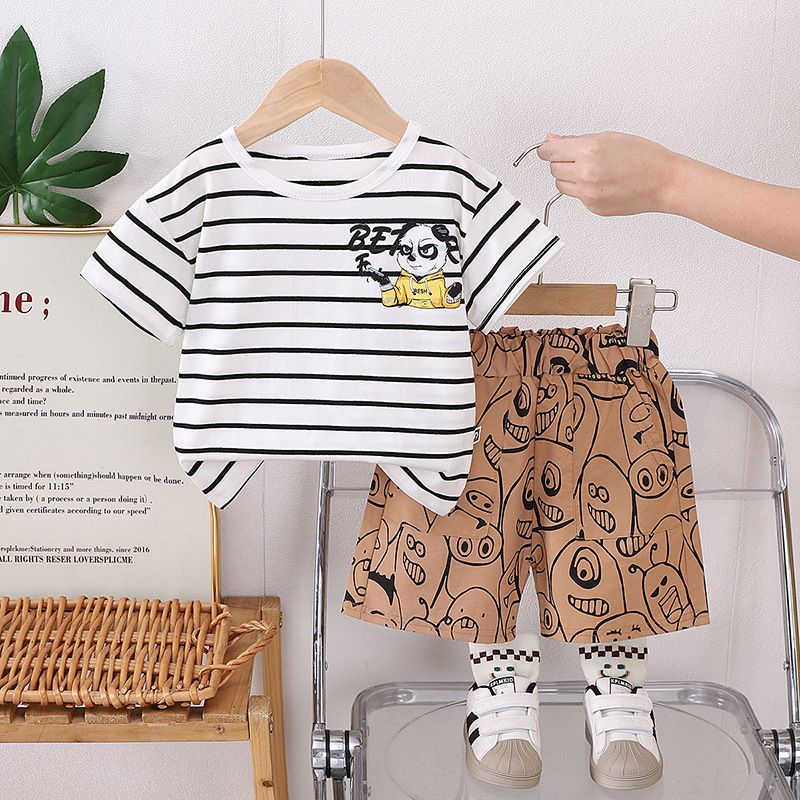 Male Baby 2025 New Cute Casual Thin Summer Infant And Child Striped Round Neck Short Sleeve Set_viptrois.com
