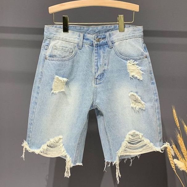 Men's Clothing Light Colored Ripped Denim Shorts For Men Summer Thin Loose Casual Mid-Length Five Point Trendy Versatile Retro Pants_viptrois.com