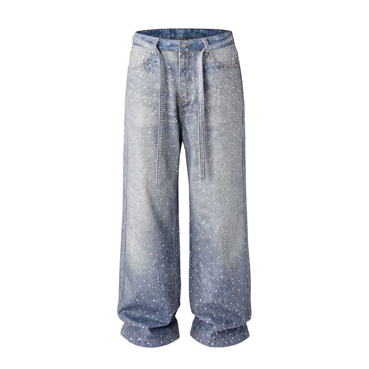 Men's Clothing High Street American Fashion Brand Heavy AC Style Full Diamond Ribbon Straight Jeans Men And Women Hip Hop Loose Design Trousers_viptrois.com