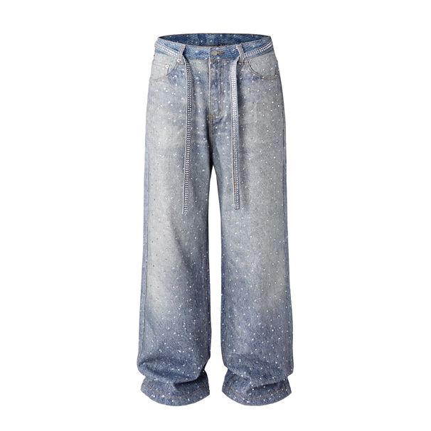 Men's Clothing High Street American Fashion Brand Heavy AC Style Full Diamond Ribbon Straight Jeans Men And Women Hip Hop Loose Design Trousers_viptrois.com