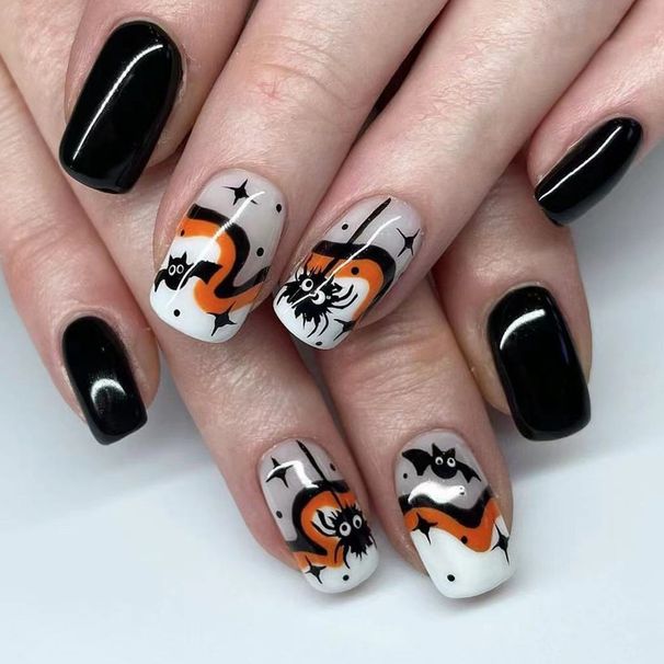Short Glitter Square Armor Halloween Cute Black Spider Bat Irregular Multicolor Pattern Wear Manicure 24 Pieces_viptrois.com