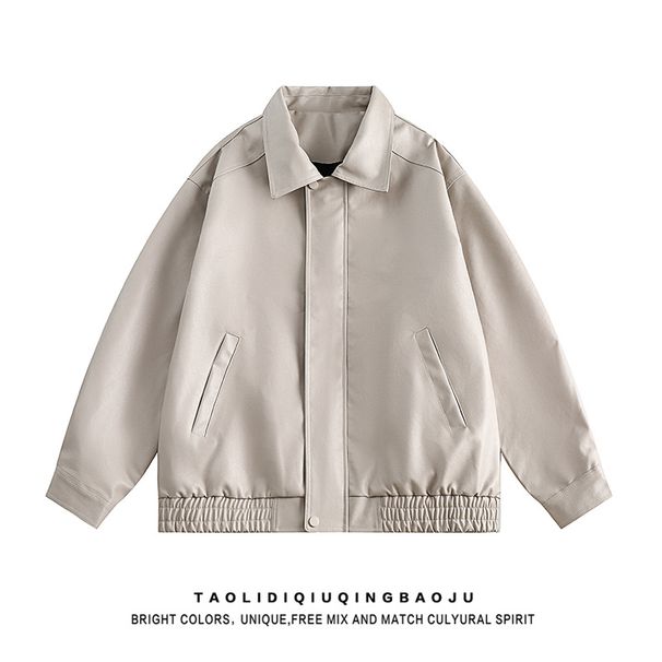 American Street Maillard Wear Leather Jacket Women's Retro High End Loose Couple Lapel PU Leather Jacket_viptrois.com