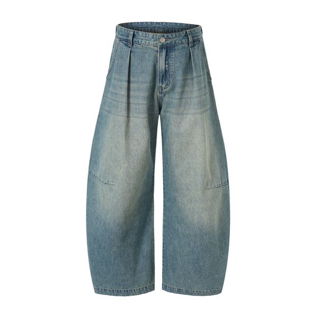 American Style Washed Vintage Scimitar Jeans For Men, Trendy High Street Pleated Loose Wide-Leg Pants_viptrois.com