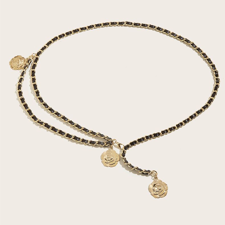 Ins Metal For Women, Adjustable Elastic Thin Waist Accessory With Three Tea Flowers, High-End Feel Pants Chain_viptrois.com