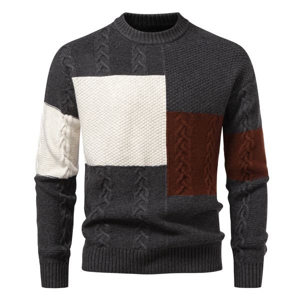 Men's Color-Block Crewneck Sweater – Soft Cotton Blend Knit Pullover For Autumn (Charcoal/Beige/Black) – Relaxed Fit Casual Daily Wear (M-XXXL)_viptrois.com