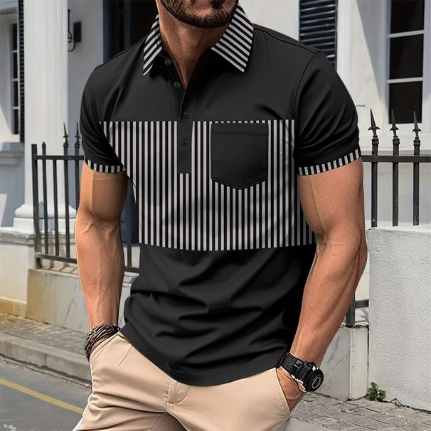 Men's Clothing New Men's Casual Polo Shirt Pocket Button Long Placket Lapel Striped Color Matching Splicing T Shirt_viptrois.com