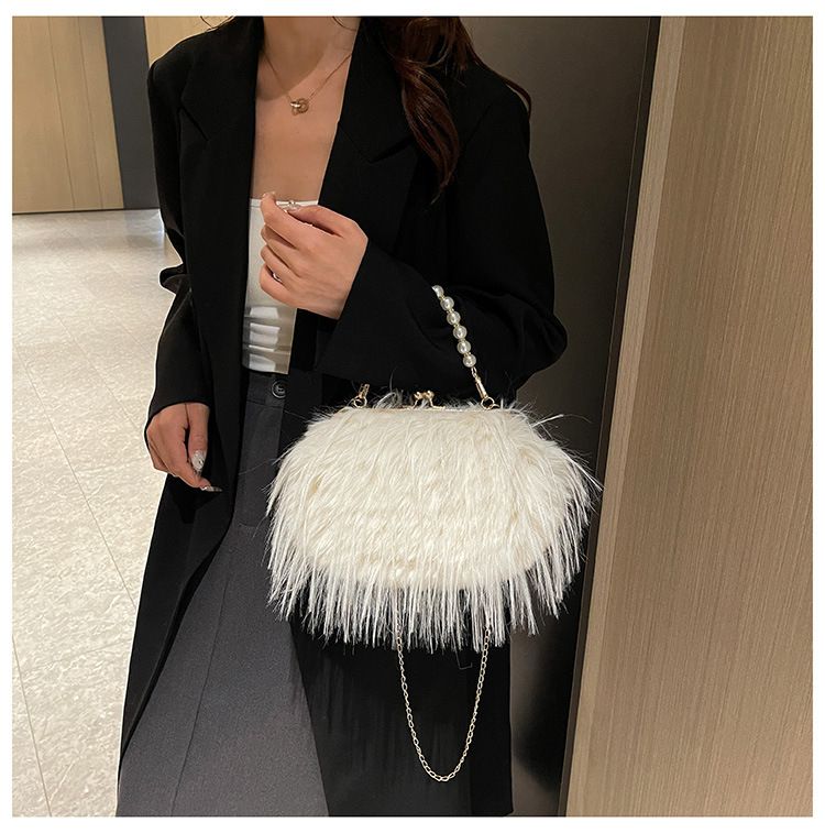 Women's Bags Furry Handbags Women's Bags New Autumn And Winter High End Versatile Niche Pearl Chain Furry Crossbody Shoulder_viptrois.com