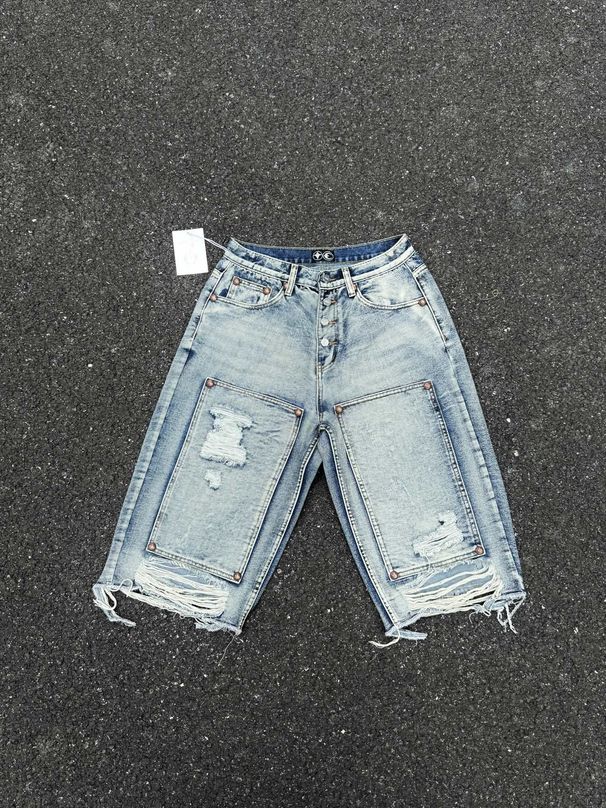 Men's Clothing Hole Loose Embroidery Washed Drape Casual Seven Point Denim Shorts_viptrois.com