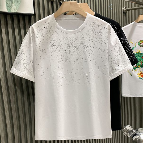Teenage and guys brand light luxury men's T-shirt short sleeve star hot diamond net celebrity hot style high end niche half sleeved T-shirt_viptrois.com