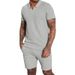 Men's Clothing Summer New Waffle V Neck Short Sleeved Shorts Two Piece Lapel Polo Suit Male_viptrois.com