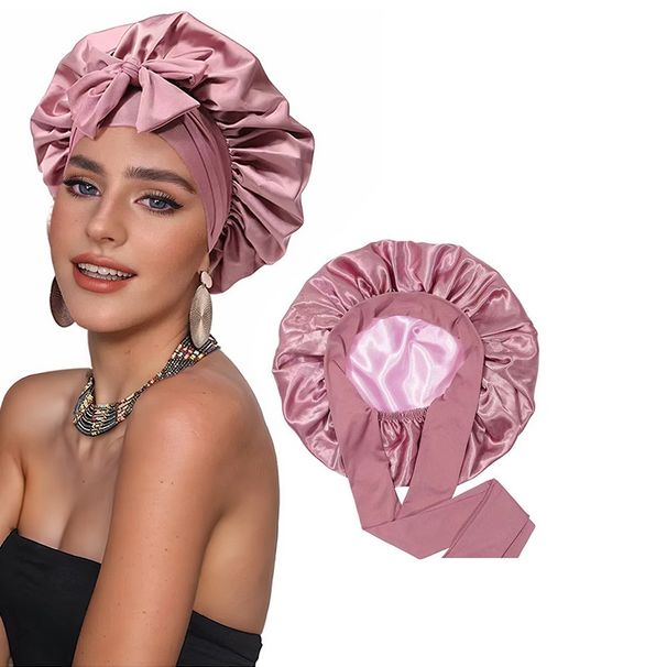 Popular double layer satin nightcap bow ribbon round hat silk beauty hair care hat wide brim hat_viptrois.com