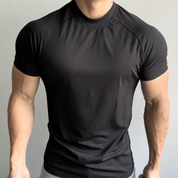 Men's Clothing Summer Sports Outdoor Training Short Sleeved Slim Elastic Quick Drying Raglan Sleeves Small Collar Solid Color Breathable Tide T Shirt_viptrois.com