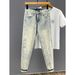 American High Street Washed Denim Jeans For Men, Slim Fit, Trendy Brand, Letter Print, Colorful Paint, Distressed, Slim Fit Straight Leg Trousers._viptrois.com
