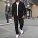 "Men's Waffle-Knit Zip-Up Jacket Set - Slim Fit Polyester Track Suit With Stand Collar & Side Pockets (White/Black/Grey/Burgundy/Khaki/Dark Green_viptrois.com
