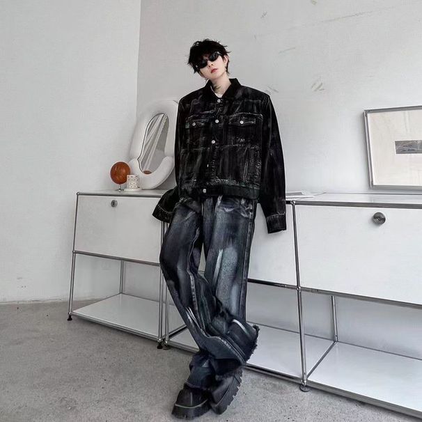 Distressed Ink-Splash Denim Suit – Avant-Garde Two-Piece Set With Washed Jacket & Paint-Splattered Jeans (S-XXXL, Cotton Blend, Streetwear)_viptrois.com