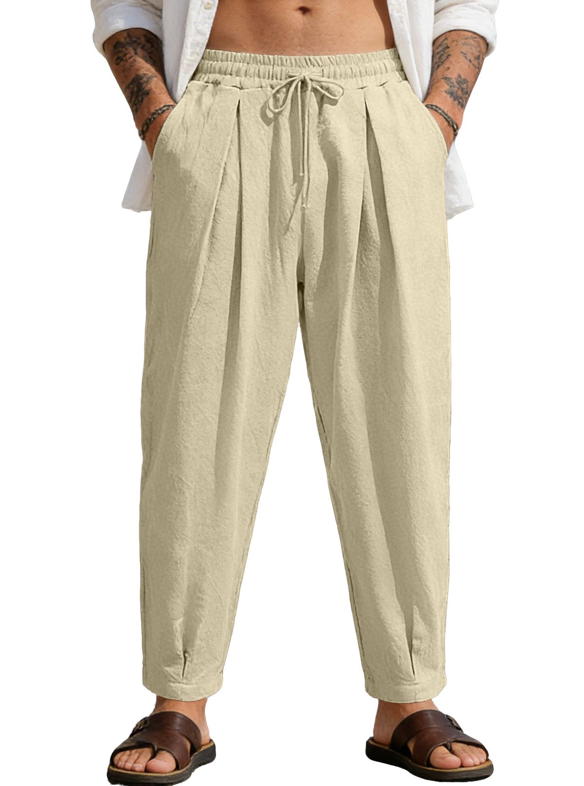 Breathable Cotton-Blend Drawstring Waist Wide-Leg Pants For Men, Comfortable Loose Fit Casual Trousers With Pockets_viptrois.com