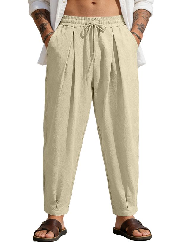 Breathable Cotton-Blend Drawstring Waist Wide-Leg Pants For Men, Comfortable Loose Fit Casual Trousers With Pockets_viptrois.com