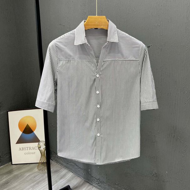 Men's Striped Short-sleeved Shirt, High-end Five-point Trendy Brand Shirt 2025 New Summer Trend Casual Men's Top_viptrois.com