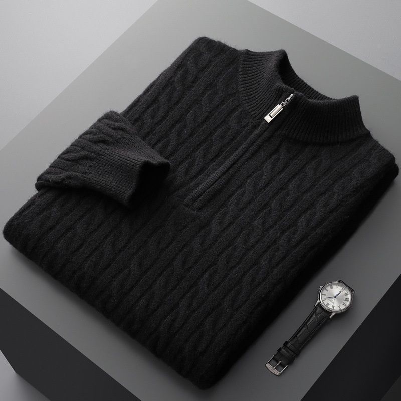 Pure 2022 Autumn Winter New Wool Men's Half Turtleneck Thick Jacquard Zipper Twist Pattern Loose Plus Size Sweater_viptrois.com