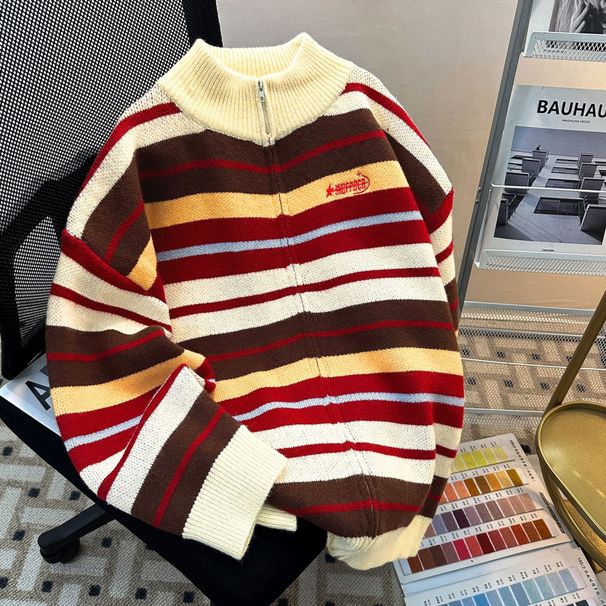 Vintage Stand Up Collar Sweater Cardigan Jacket Versatile Loose Striped Couple Zipper Knit Sweater Top_viptrois.com