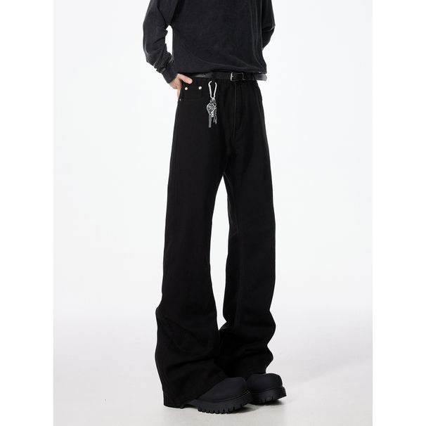 Black Curved Hem Flared Casual Summer Trendy Men's American High Street Slim Fit Versatile Straight Long Pants_viptrois.com