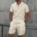Summer Men's New Waffle Zipper Solid Color Turn-Down Collar Short Sleeve T-Shirt And Shorts Casual Set_viptrois.com
