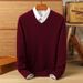 Men's Winter Fine-Knit V-Neck Sweater - Thick Wool Blend Pullover For Cold Weather (Classic Solid Color)_viptrois.com