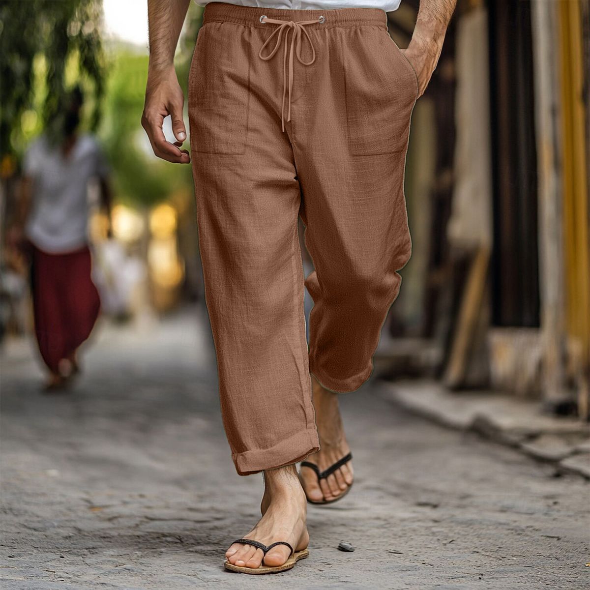 Men's Clothing Men's Casual Summer Elastic Waist Drawstring Multi Pocket Cotton And Linen Trousers Beach Pants_viptrois.com