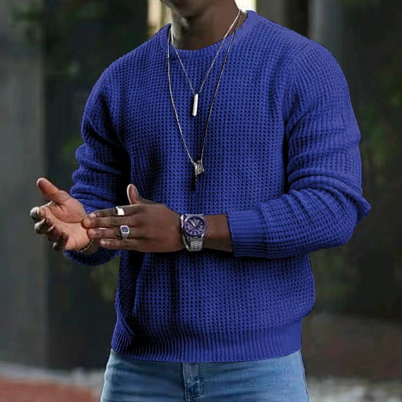 Men's Waffle-Knit Long Sleeve Pullover Sweater - Breathable Cotton Blend Casual Top For Spring & Fall (White/Grey/Black/Blue/Khaki, S-XXXL)_viptrois.com