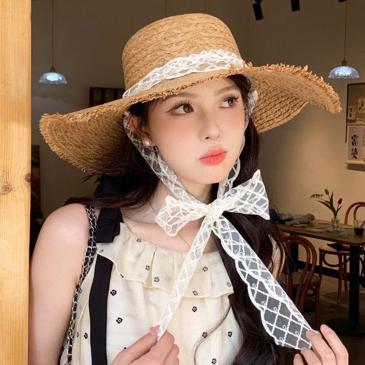 Lace Braided Straw Women's Summer Travel Big Brim Sun Seaside UV Protection Beach Hat_viptrois.com