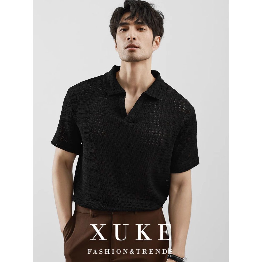 Men's Short Sleeve V-Neck Knit Polo Shirt - Breathable Seagull Collar Business Casual Summer Top_viptrois.com