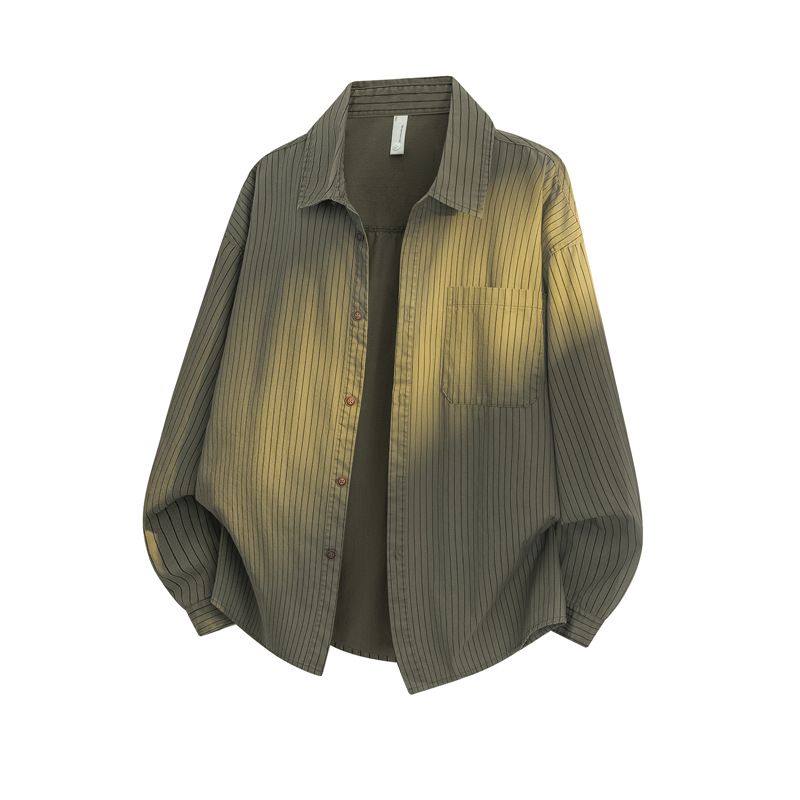 Vintage Striped Shirt – Oversized Long Sleeve Casual Shirt For Men & Women (Navy/Army Green/Beige)_viptrois.com