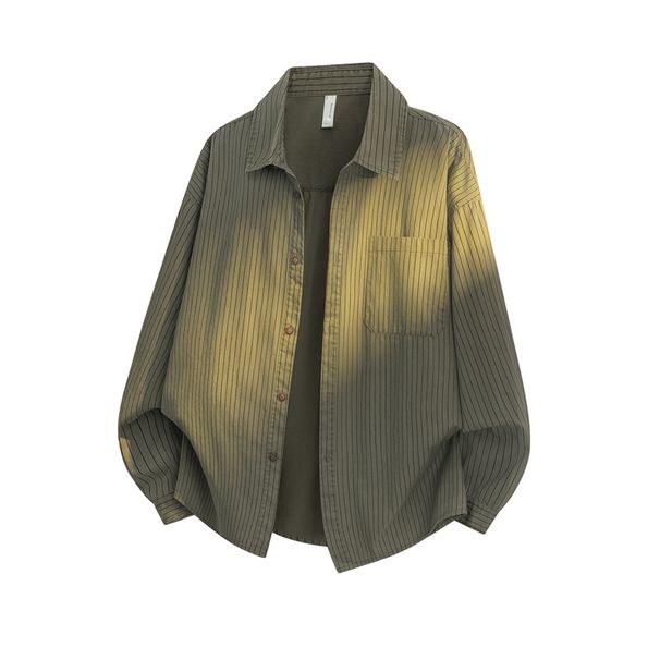 Vintage Striped Shirt – Oversized Long Sleeve Casual Shirt For Men & Women (Navy/Army Green/Beige)_viptrois.com