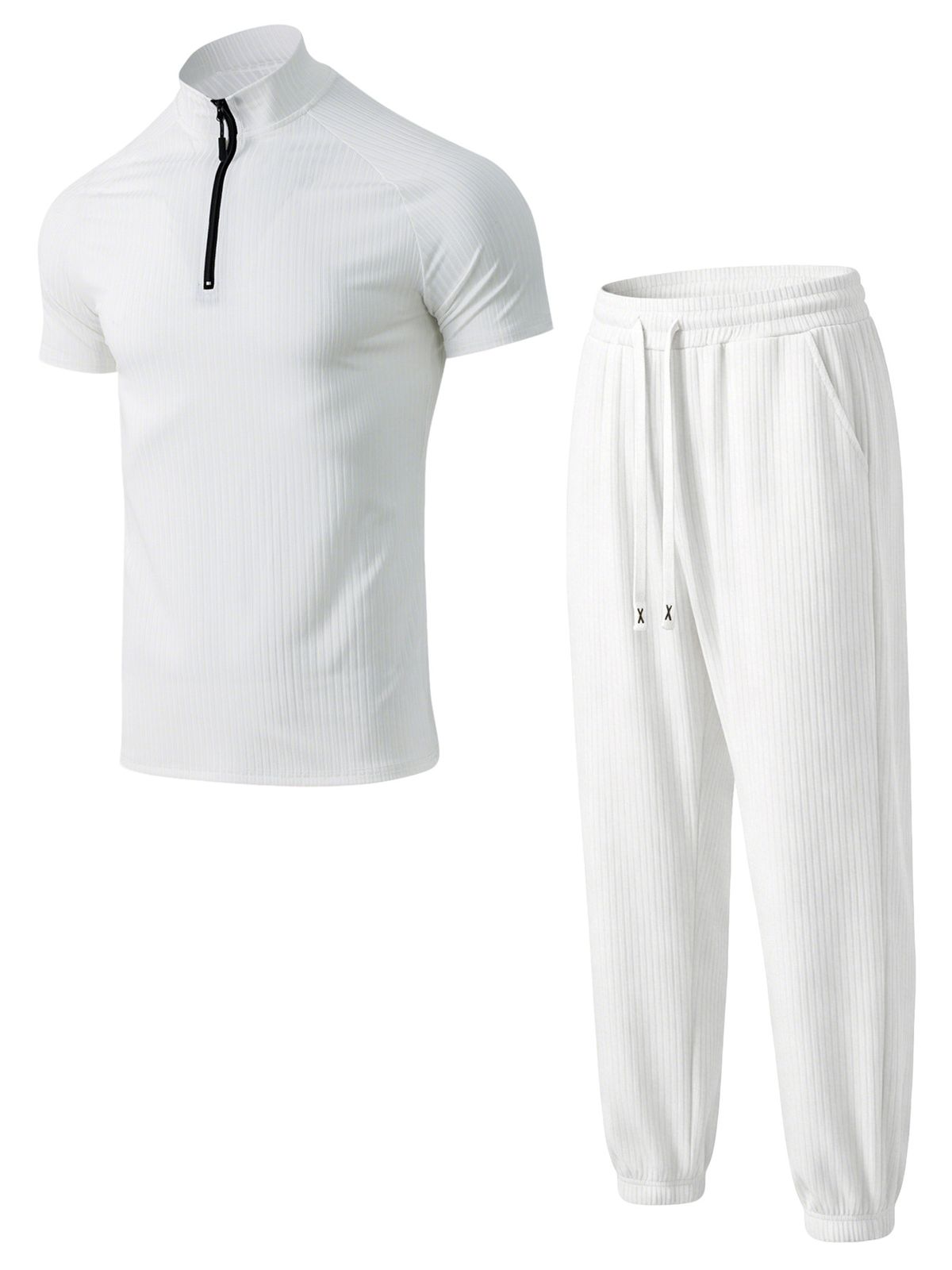 Men's Clothing Men's Casual Two-Piece Set Summer Breathable Jogger Pants And Half Zip Stand Collar Short Sleeved Top Vertical Ribbed Design_viptrois.com