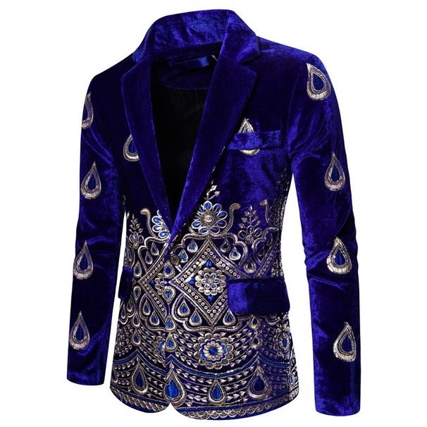 Men's Clothing dress autumn and winter wine red velvet one button men's gold thread embroidered suit dress performance costume_viptrois.com