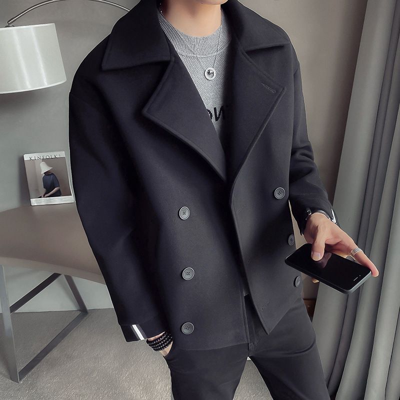 Trendy Brand Autumn And Winter New Men's Short Trench Coat Korean Version Of British Casual Internet Celebrity Warm Woolen Coat Men_viptrois.com