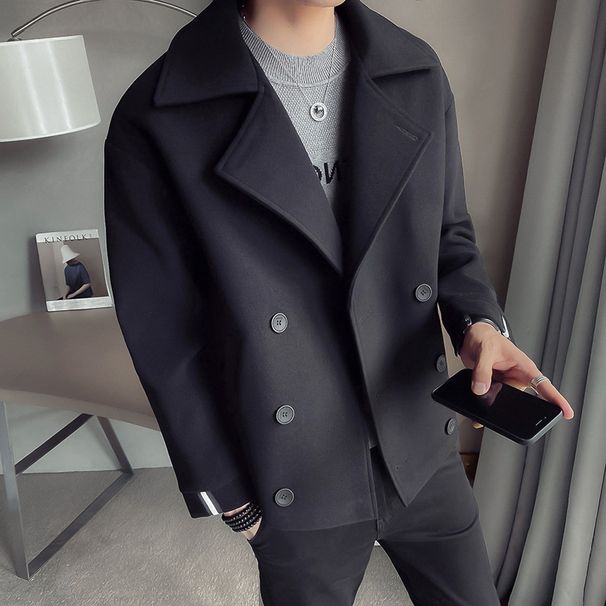 Trendy Brand Autumn And Winter New Men's Short Trench Coat Korean Version Of British Casual Internet Celebrity Warm Woolen Coat Men_viptrois.com