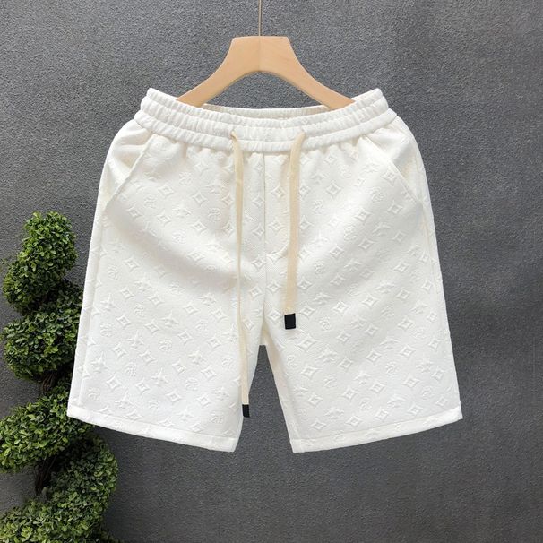 2026 Men's Clothing Men's Slim Fit Mid-Length Sports Jacquard Shorts Trendy Five Point Casual Black Geometric Pattern High Street Style_viptrois.com