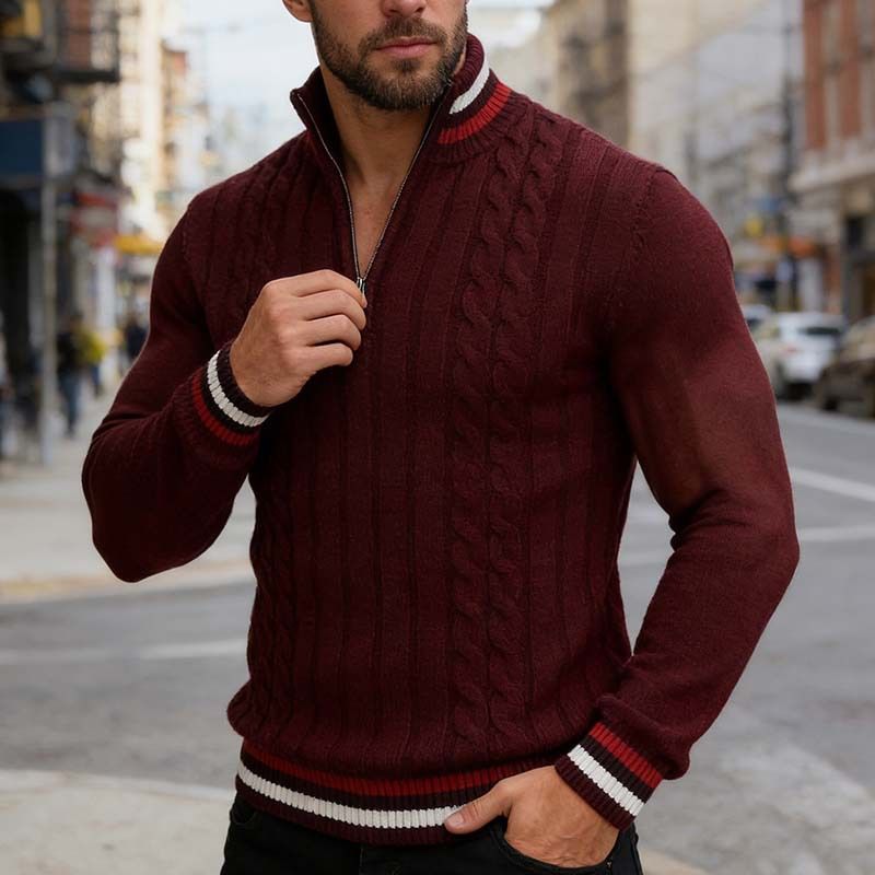 Men's British Style Turtleneck Knitwear Autumn Winter New Arrival Color Block Zipper Design for Casual Wear_viptrois.com