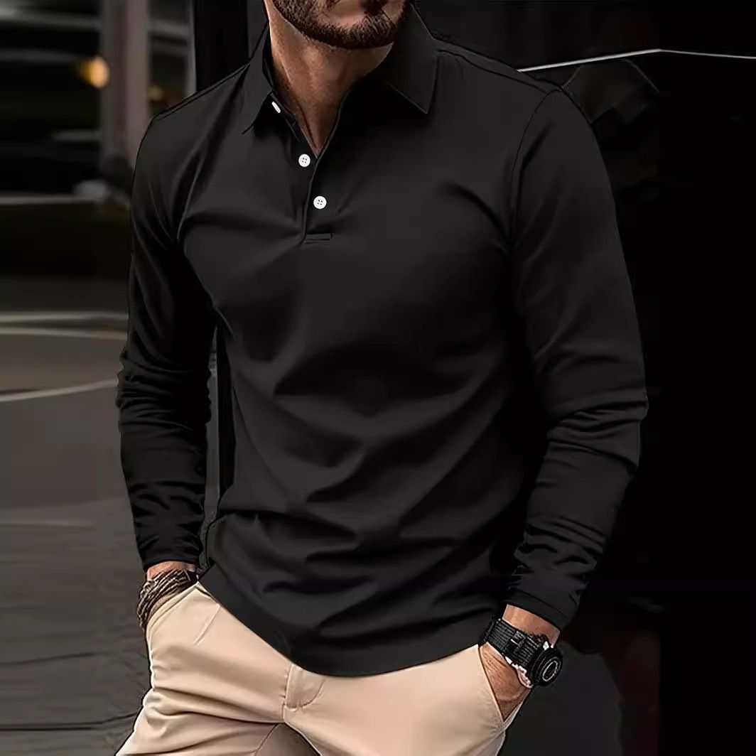 2025d Pure Button Men's Casual Turn-down Collar Long Sleeve Polo Shirt_viptrois.com