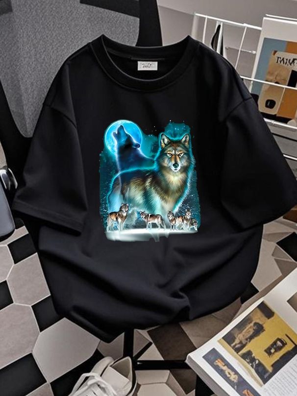 Wolf Moon Silhouette T-shirt Top For Everyday Wear Summer Comfortable Breathable Versatile Homme Soft Unisex Stylish Stretched Graphic Streetwear_viptrois.com