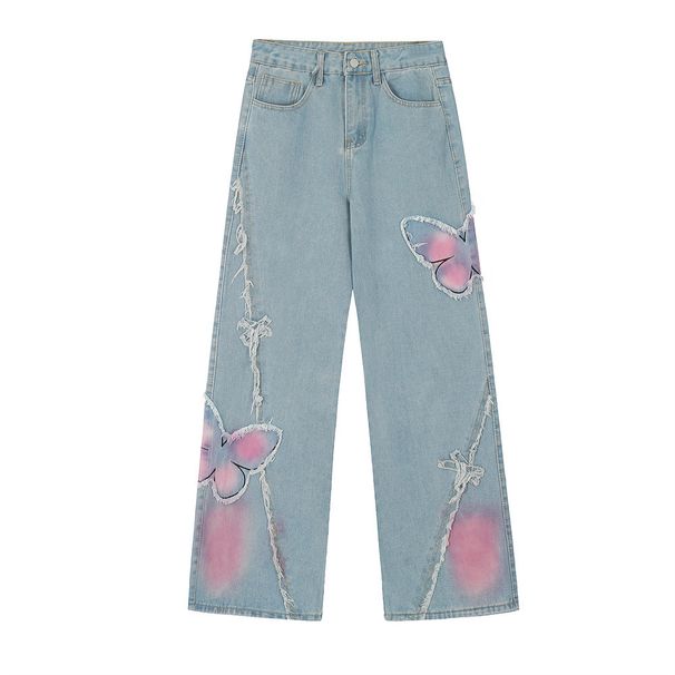 Butterfly Gradient Frayed Hem Jeans For Men High Street Ins Niche Design Loose Straight Wide-Leg Pants_viptrois.com