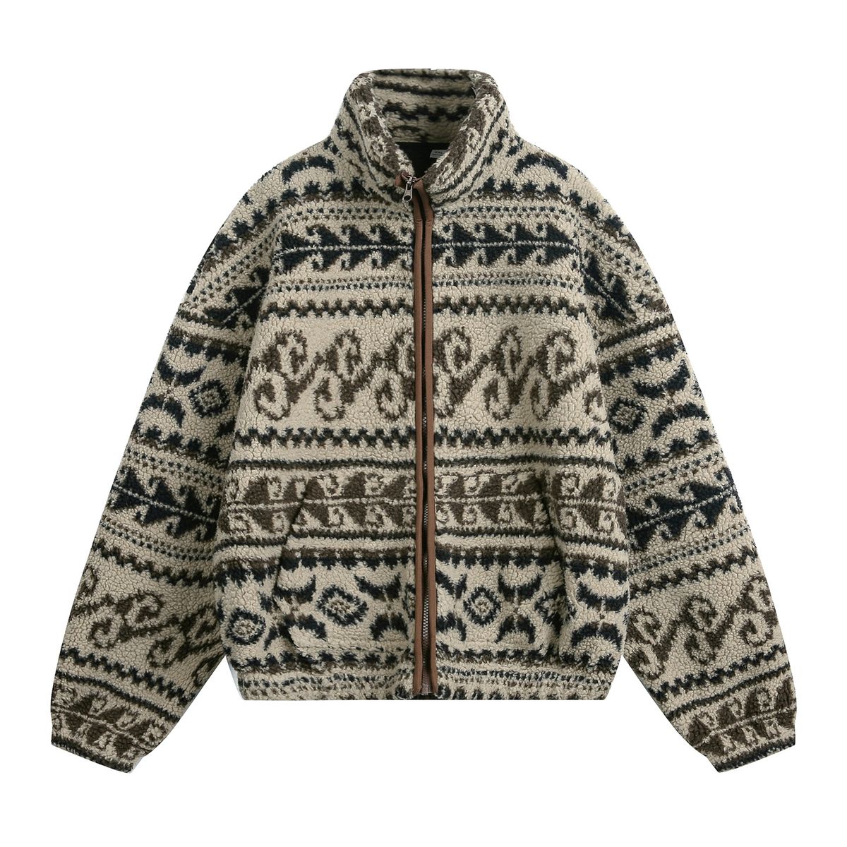 Autumn And Winter New Ethnic Style Jacquard Fleece Men's Jacket Stand Collar Cardigan Casual Warm Top Jacket_viptrois.com