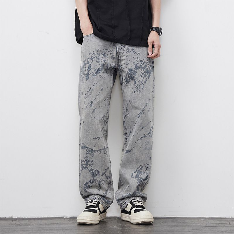 Men's Clothing Loose Straight Personalized Laser Burnt Flower Jeans Street Loose Straight Casual Trousers_viptrois.com