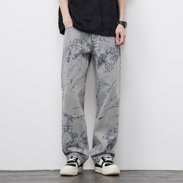 Men's Clothing Loose Straight Personalized Laser Burnt Flower Jeans Street Loose Straight Casual Trousers_viptrois.com