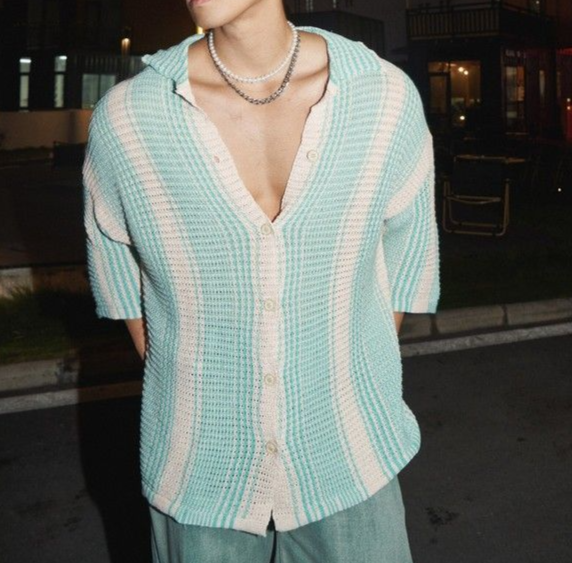 American Style Color Block Short Sleeve For Men Summer Trend Loose Fit Turn-down Collar Casual Versatile New Thin Knit_viptrois.com
